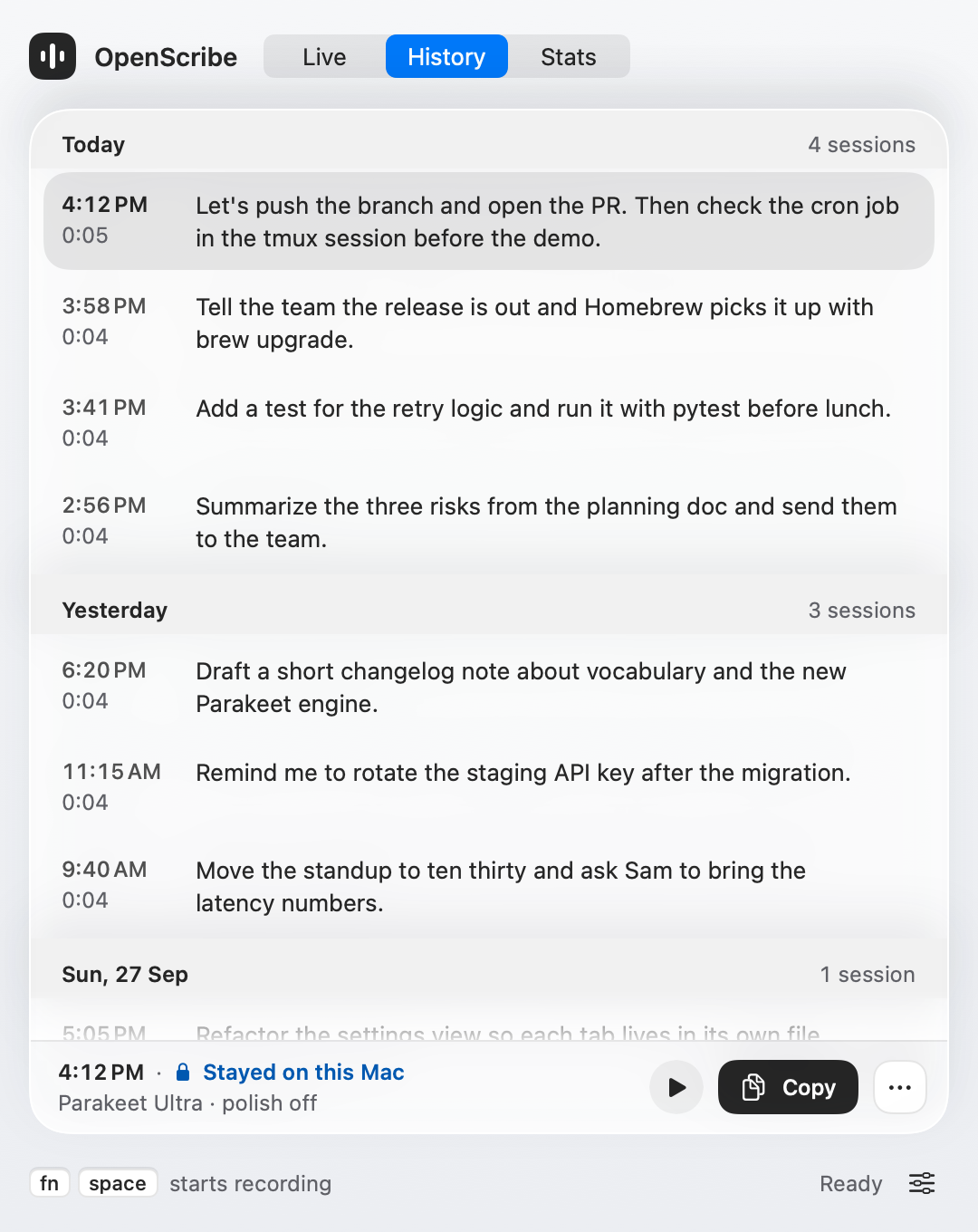 History tab with sessions grouped by day