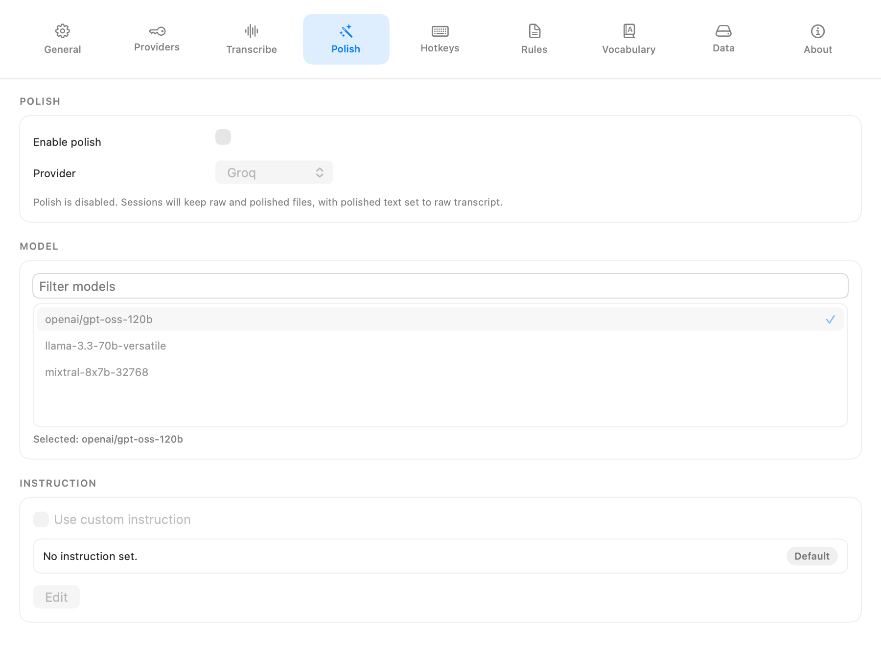 Polish settings tab