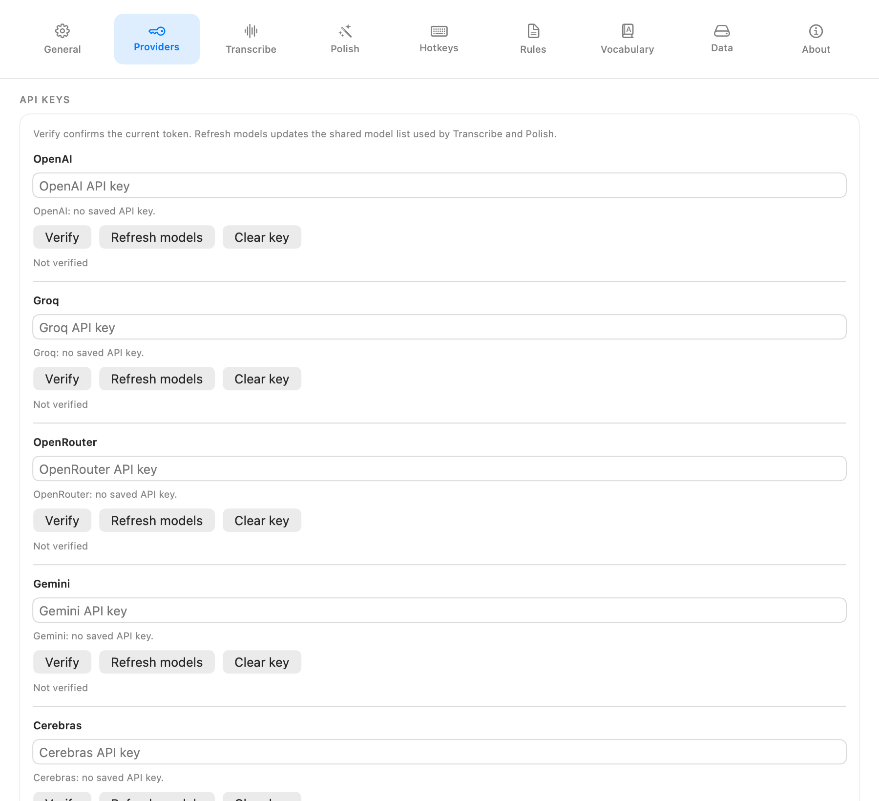 Providers settings tab