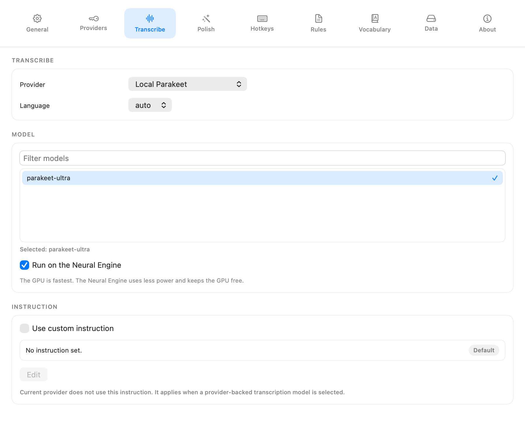 Transcribe settings tab