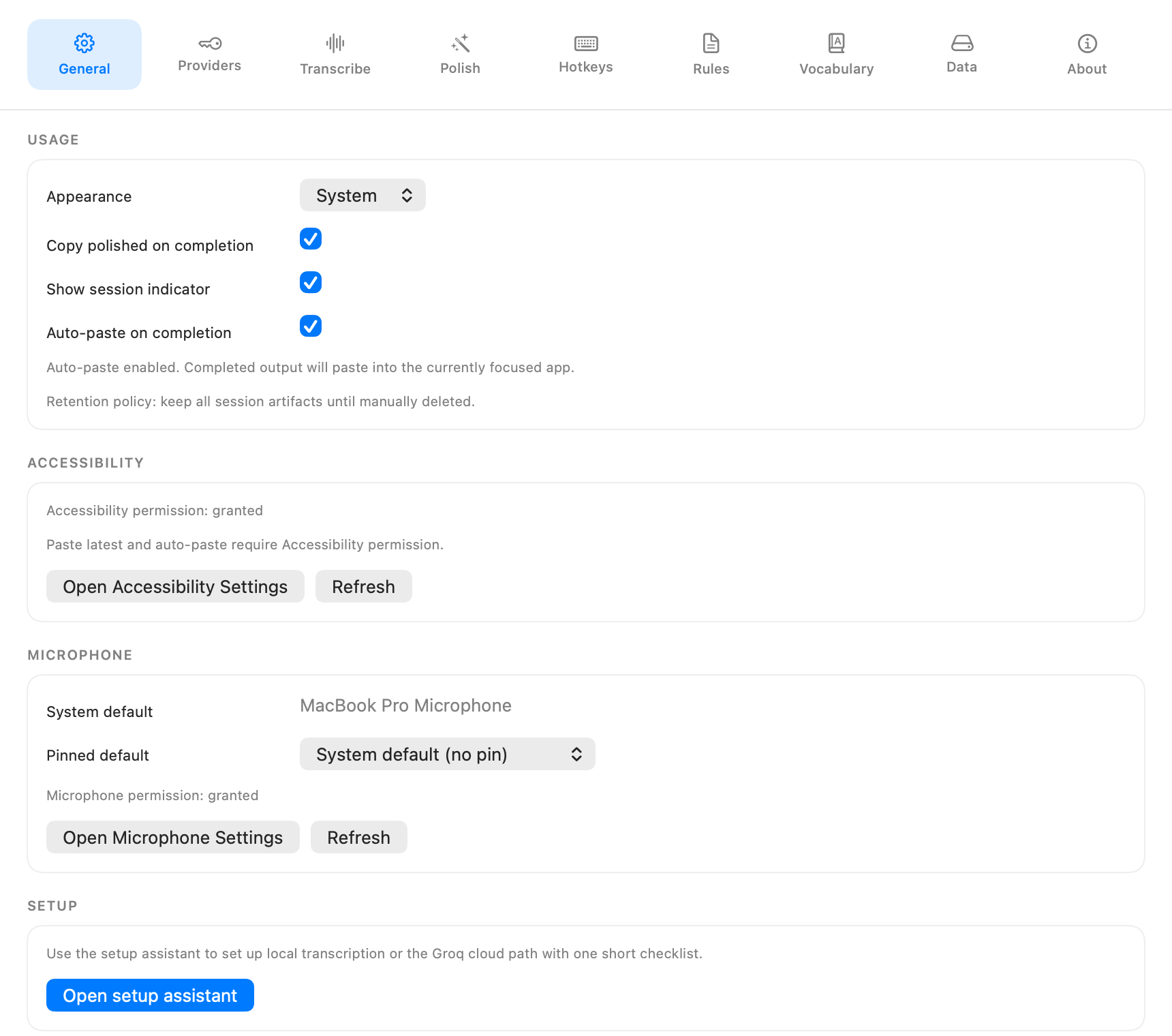 Settings window